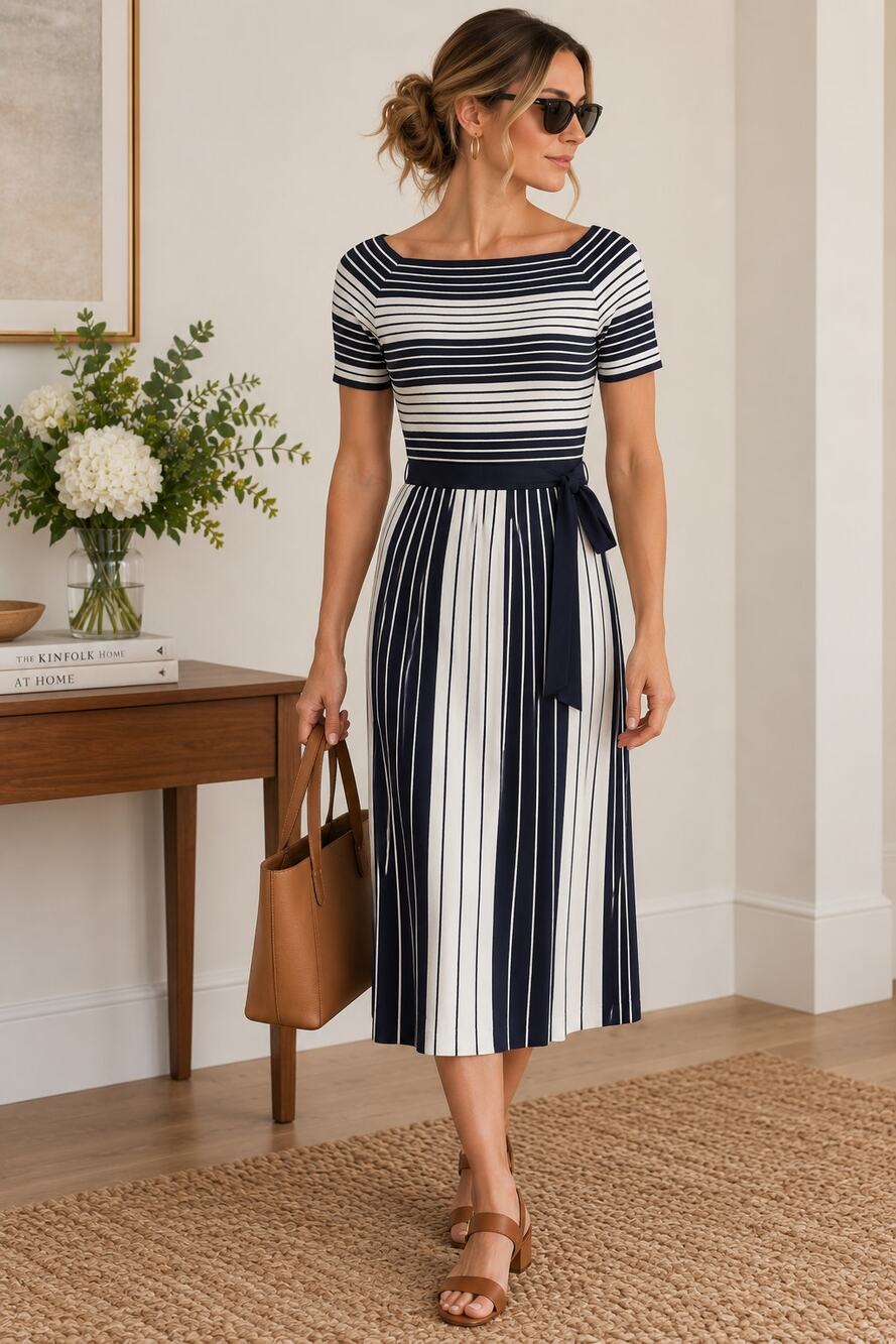 Boden Aida Dress Navy Ivory Stripe Belted Fit Flare Midi Dress Size 4
